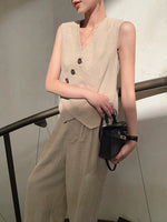 Load image into Gallery viewer, Asymmetric Button Linen Tuxedo Vest in Khaki
