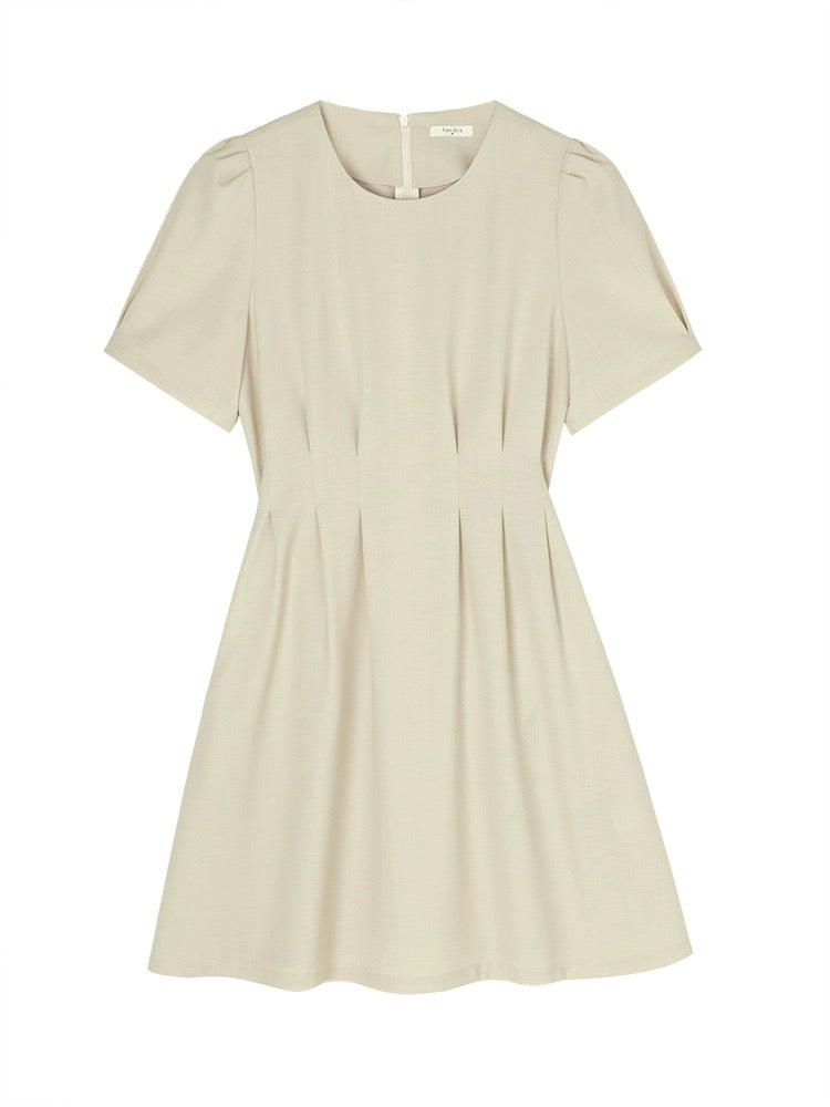 Pin Gathered Pocket Dress in Beige