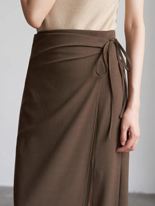 Midi Wrap Tie Slit Skirt in Brown