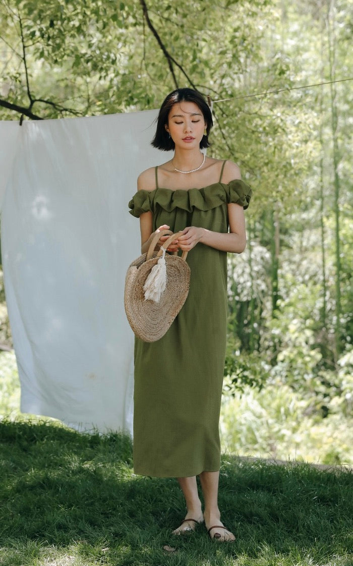 Crepe Ruffle Dress in Green