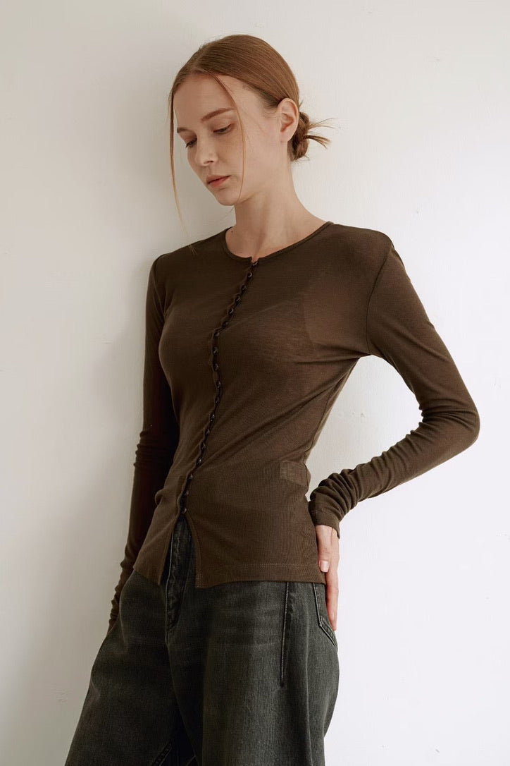 Korean Magie Tencel Blend Stretch Button Top in Brown