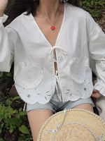 Load image into Gallery viewer, Laser Cut Ribbon Tie Blouse in White
