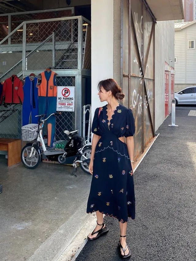 Embroidered Floral Cutout Dress in Navy