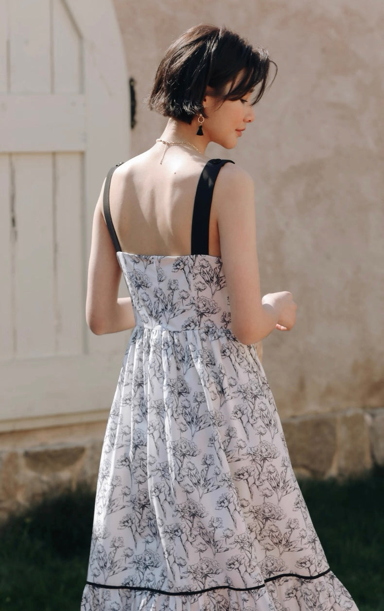 Floral Panel Maxi Dress in Black/White