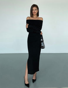 Knitted H-line Slit Skirt in Black