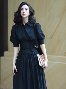 Corset Shirt Midi Dress in Black