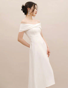 Off Shoulder Twist Flare Midi Dress in White