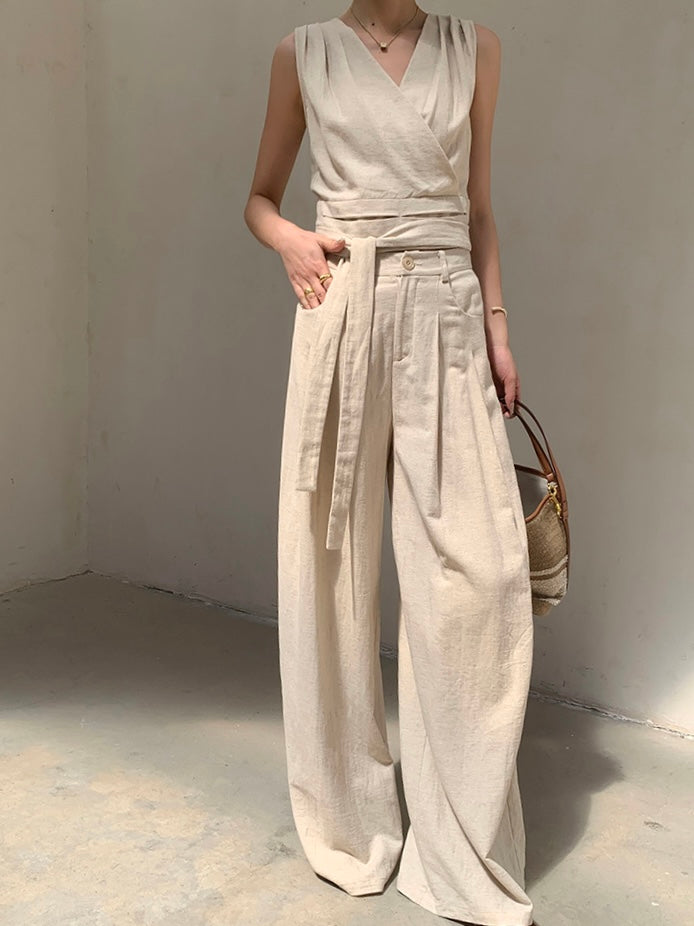 Linen Blend Tie Top + Trousers Set in Beige