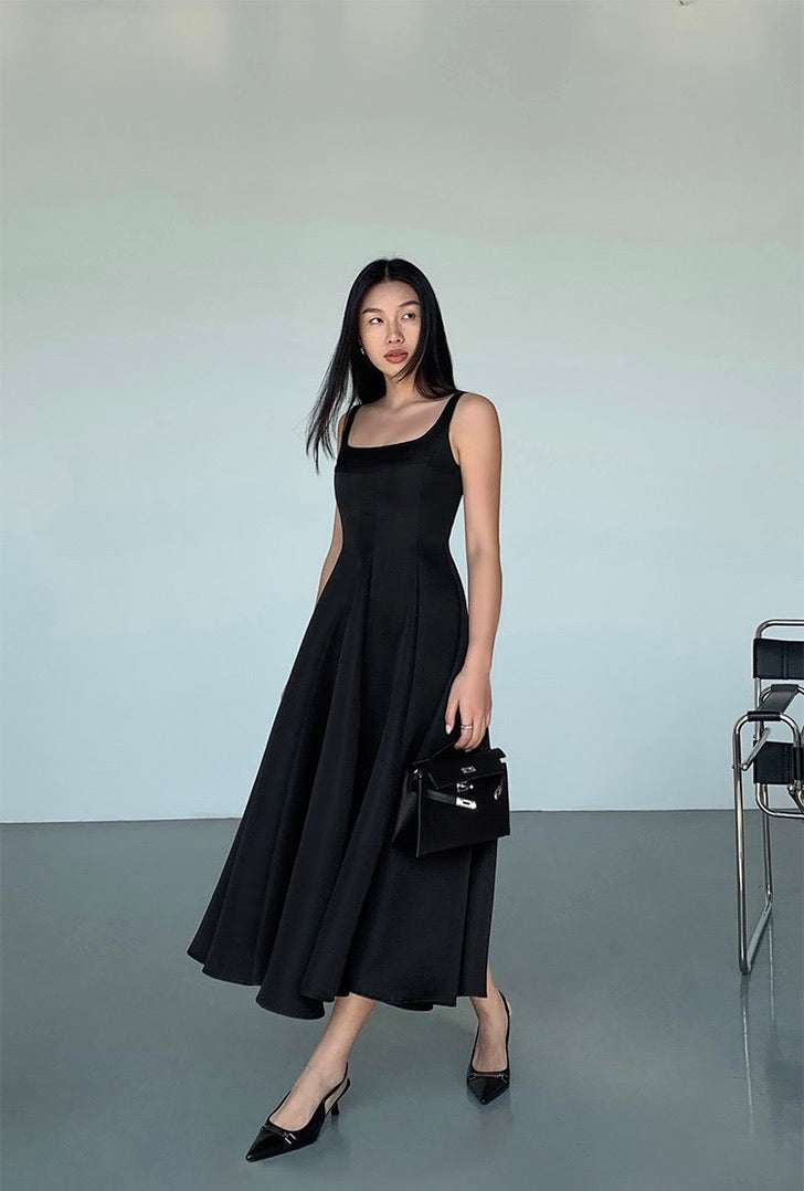 Square Neck A-Line Maxi Dress in Black