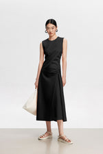 Load image into Gallery viewer, Sleeveless Side Shirring Midi Dress in Black
