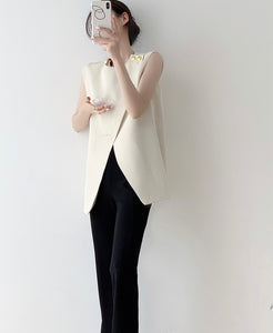 Tailored Foldover Button Long Top in Cream