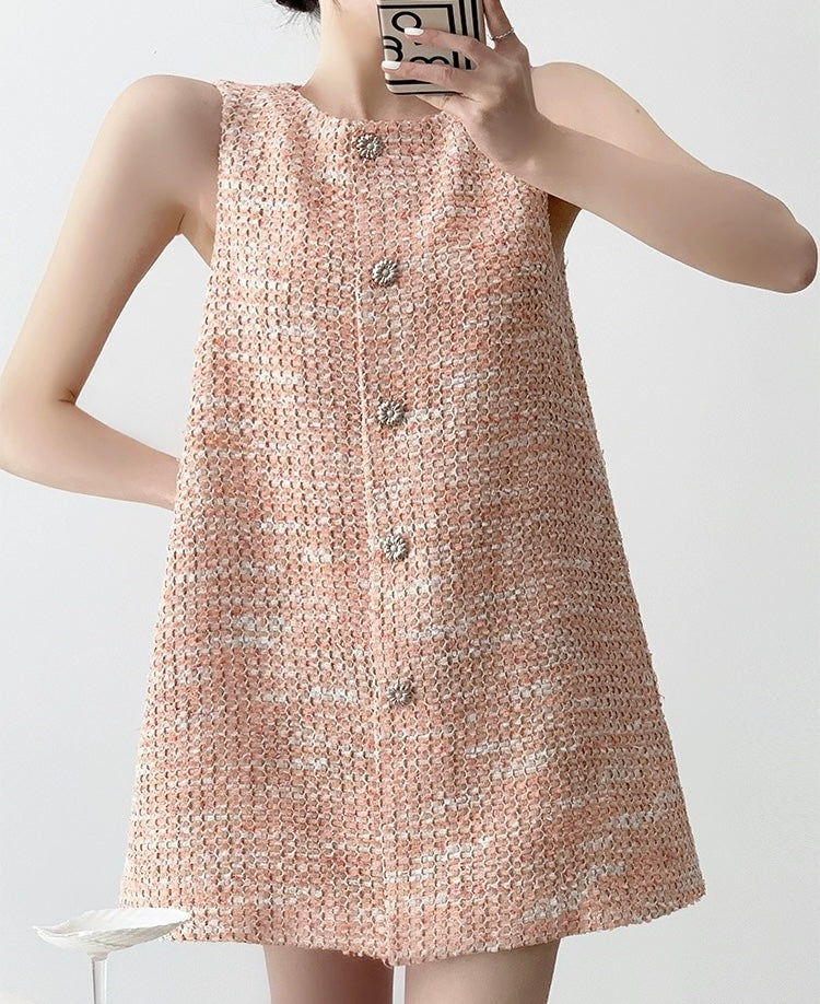 Tweed Button Mini Pocket Dress in Orange