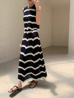 Load image into Gallery viewer, Striped Pleated Knit Sleeveless Top in Navy
