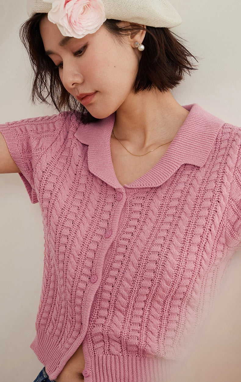 Knitted Polo Blouse in Pink