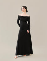 Load image into Gallery viewer, Off Shoulder Rose Flare Maxi Dress in Black
