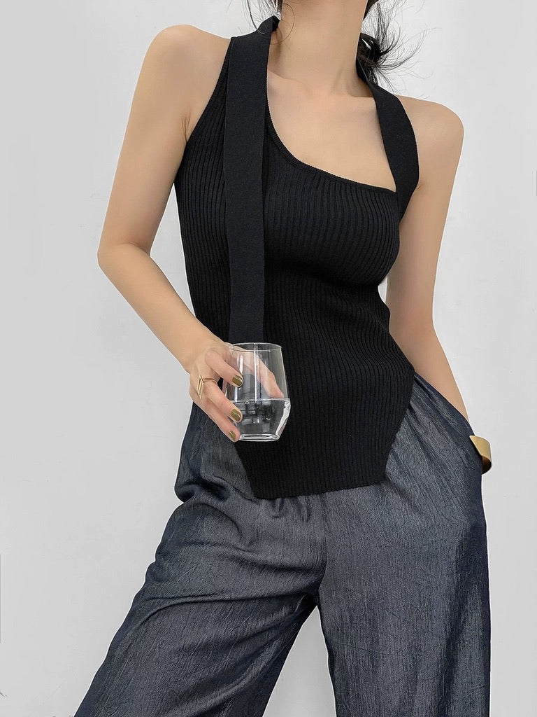 Asymmetric Sleeveless Ribbed Top in Black