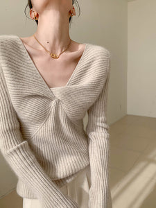 Ribbed Twist Sweater Top in Beige