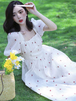 Load image into Gallery viewer, Floral Puff Sleeve Midi Dress in White
