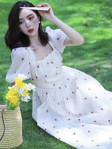 Floral Puff Sleeve Midi Dress in White