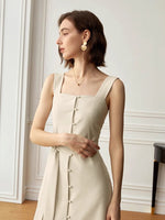 Load image into Gallery viewer, Tailored Button Tie Slit Dress in Beige
