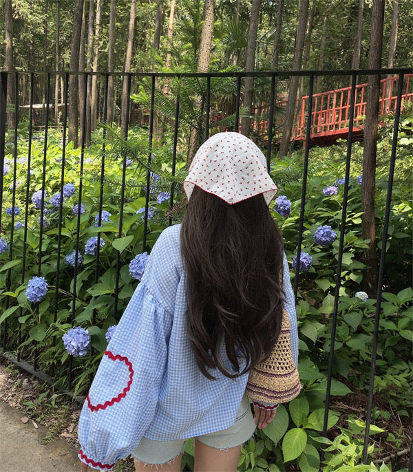 Gingham Contrast Ribbon Tie Blouse in Blue