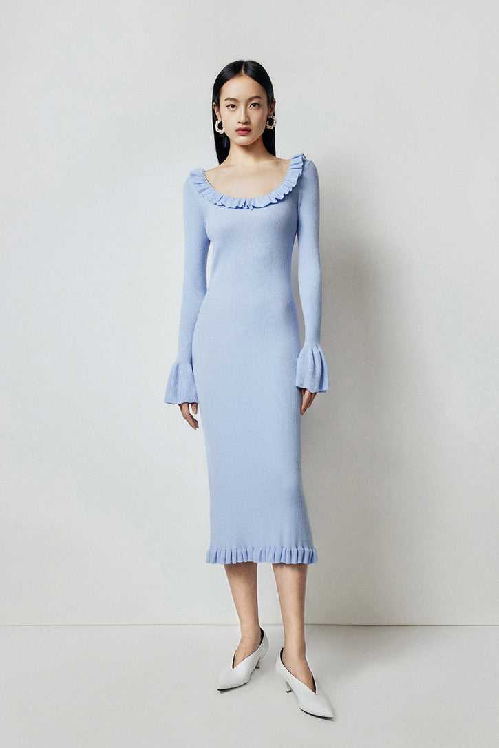 Knitted Ruffle Midi Dress in Blue