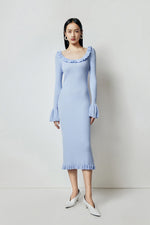 Load image into Gallery viewer, Knitted Ruffle Midi Dress in Blue
