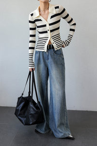 Multi Striped Cardigan Top in White/Black