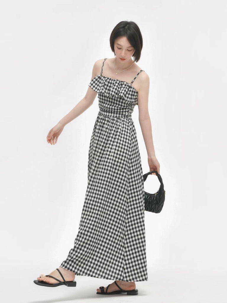 Gingham Pocket Maxi Dress in Black