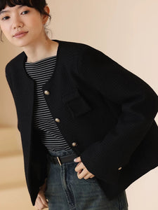 Wool Blend Contrast Button Waffle Jacket in Black