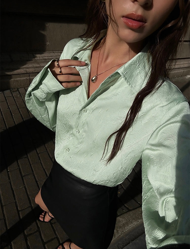 Textured Satin Shirt in Green