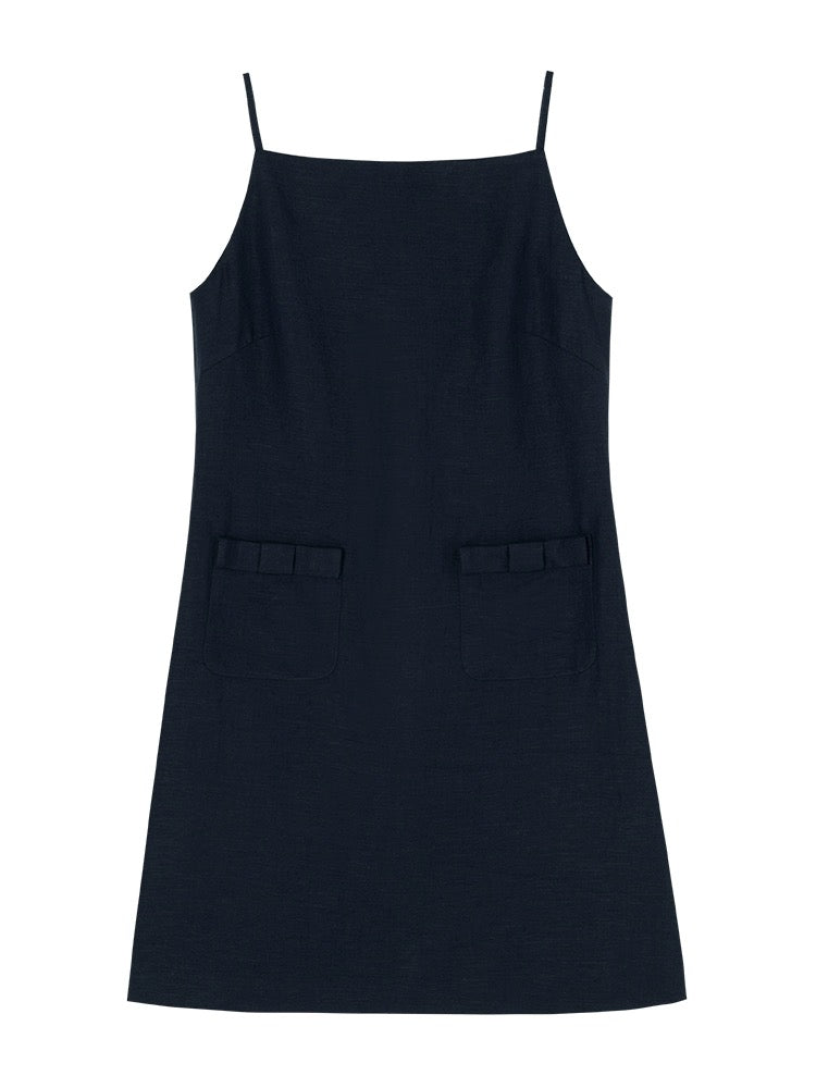 Cotton Linen Bow Pocket Shift Dress in Black