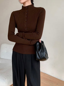 2-Way Button Knit Top in Brown