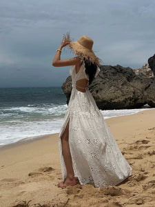 Laser Cut Floral Slit Dress in White