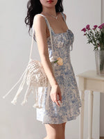 Load image into Gallery viewer, Toile Floral Bustier Mini Dress in Blue/White
