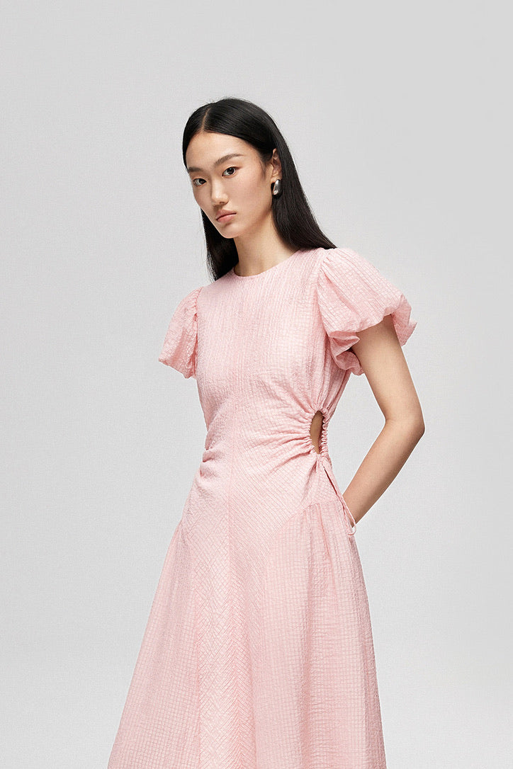 Tencel Puff Sleeve Cutout Dress in Pink