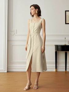 2-Way Button Sleeveless Dress in Beige