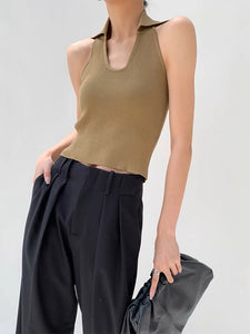 Ribbed Halter Collar Tank in Khaki