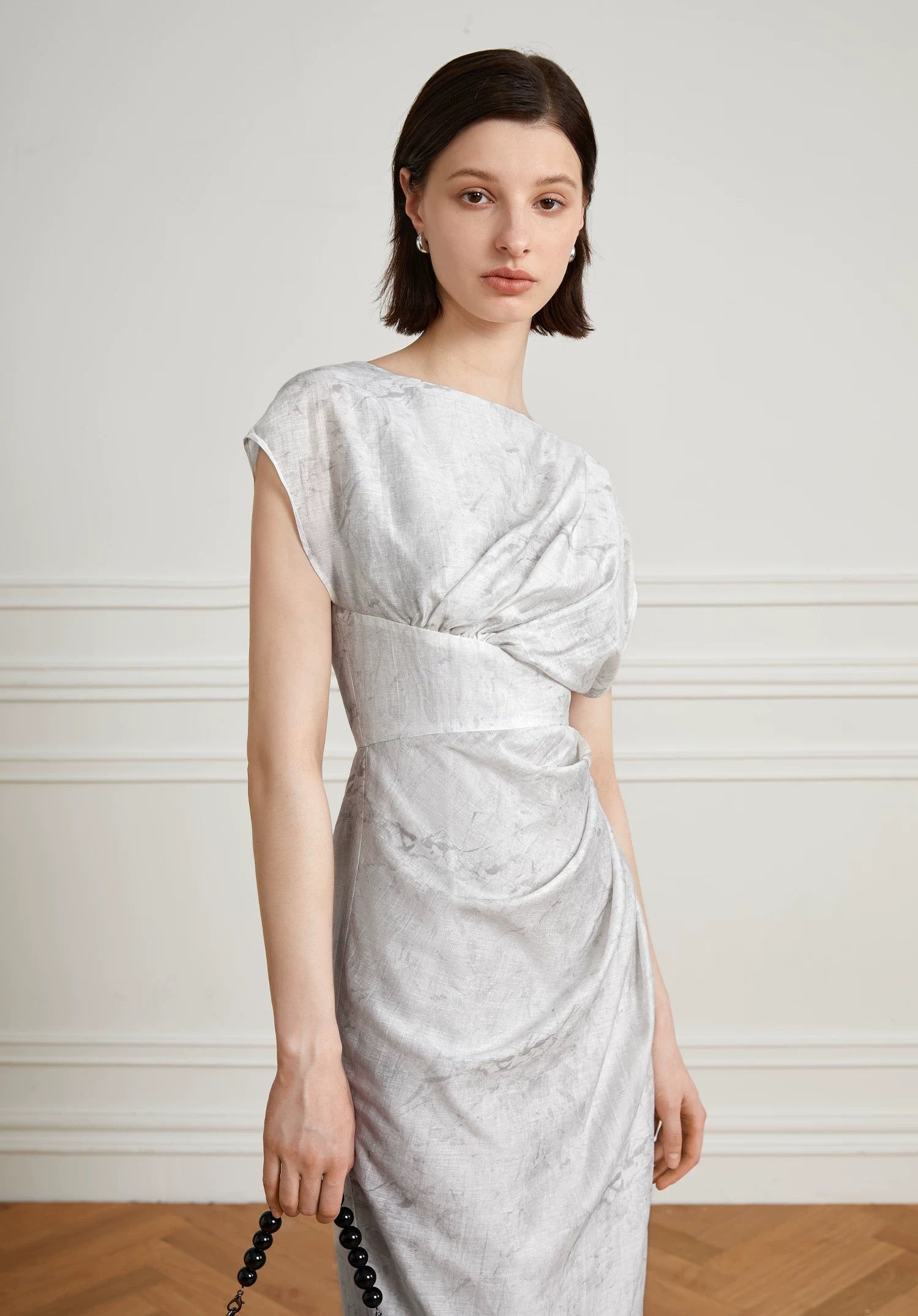 Tencel Gathered Shift Dress in Grey