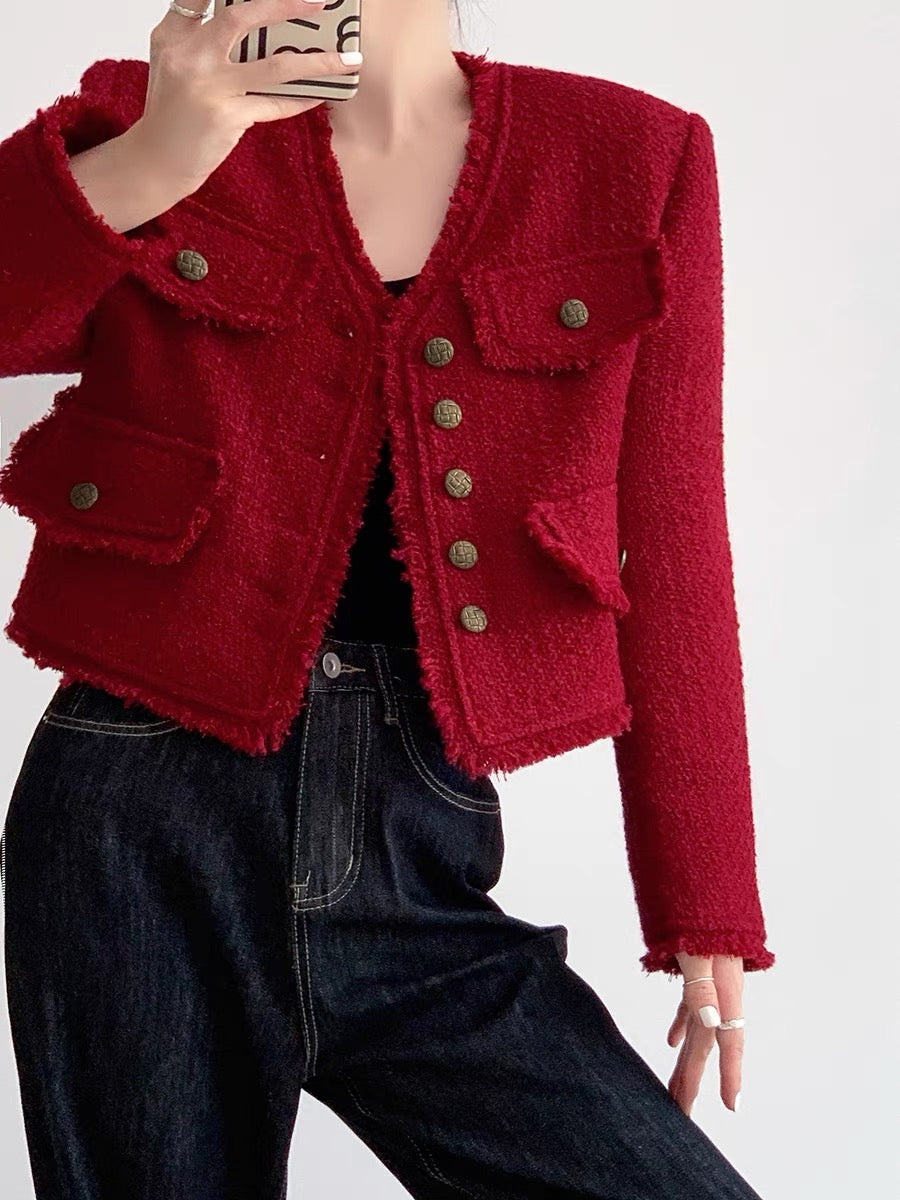Fray Edge Tweed Jacket in Red
