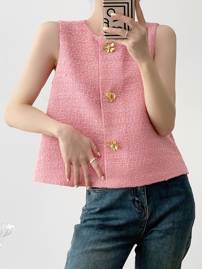 Tweed Button Blouse in Pink