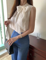 Load image into Gallery viewer, [Ready Stock] Korean Pussy Bow Sleeveless Blouse in Cream
