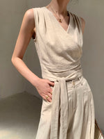 Load image into Gallery viewer, Linen Blend Tie Top + Trousers Set in Beige
