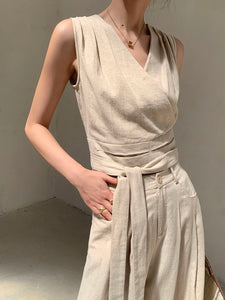 Linen Blend Tie Top + Trousers Set in Beige