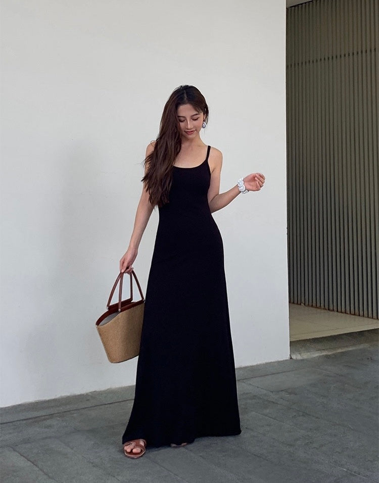 Stretch Cami Maxi Flare Dress in Black
