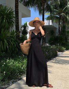 Satin Lace Empire Maxi Dress in Black