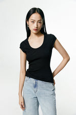 Load image into Gallery viewer, Classic U Neck Cap Sleeve Stretch Tee in Black
