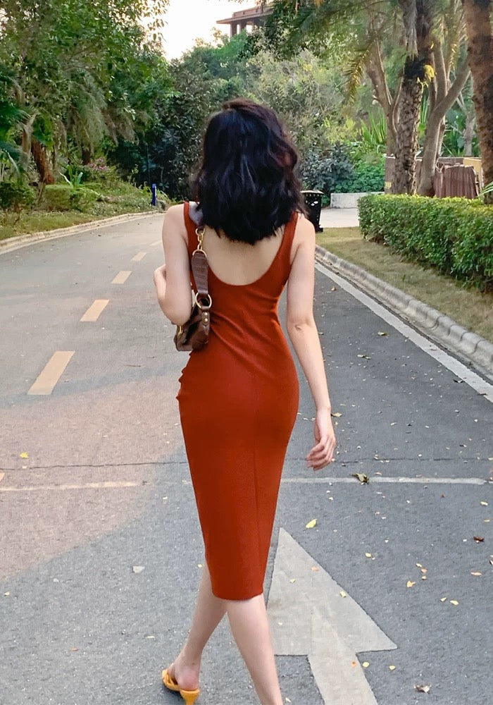 Low Back Sheath Dress in Crimson