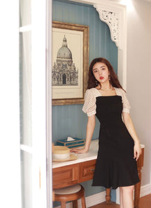 Polka Sleeve Tailored Mid Dress in Black