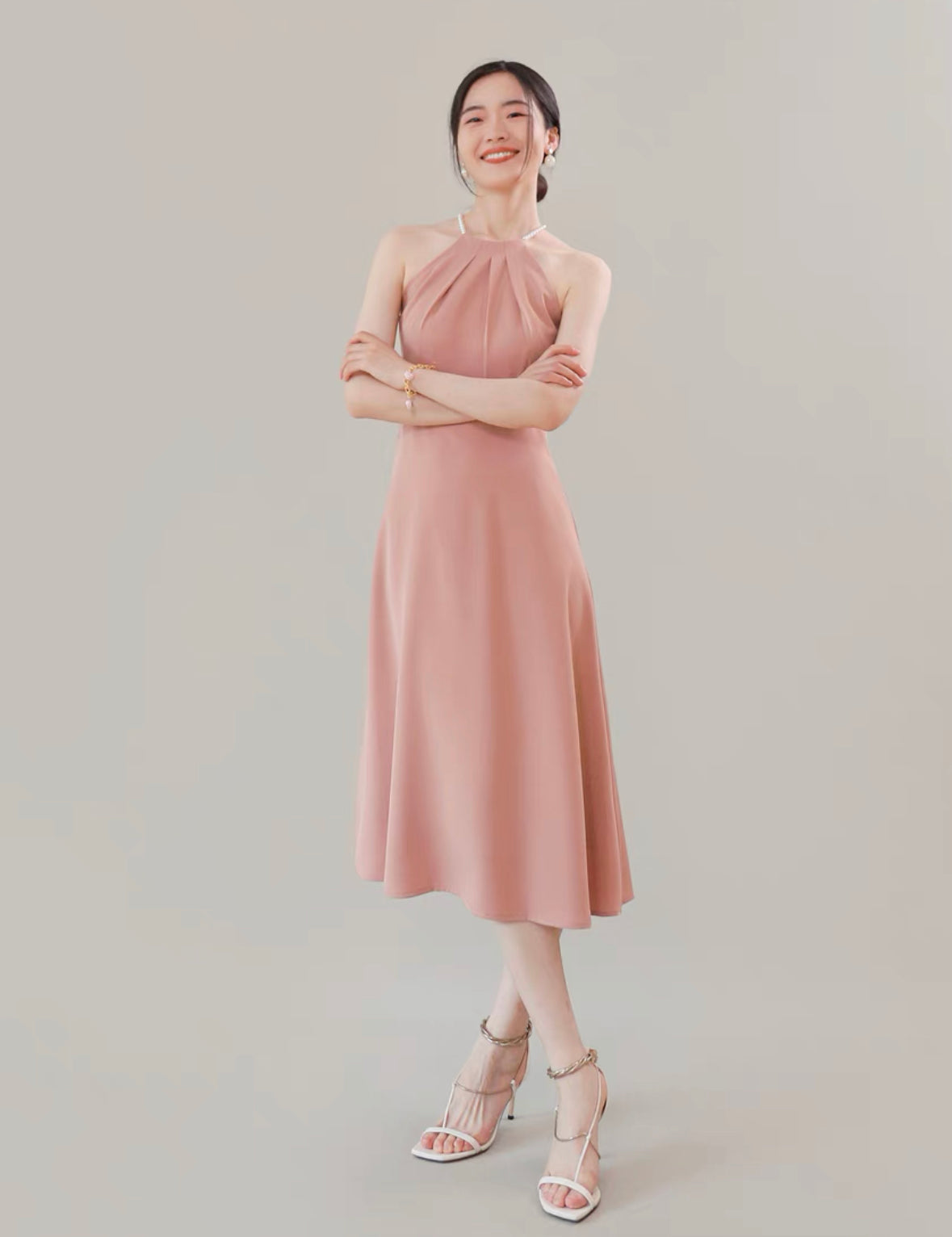Beaded Cami Flare Midi Dress in Pink